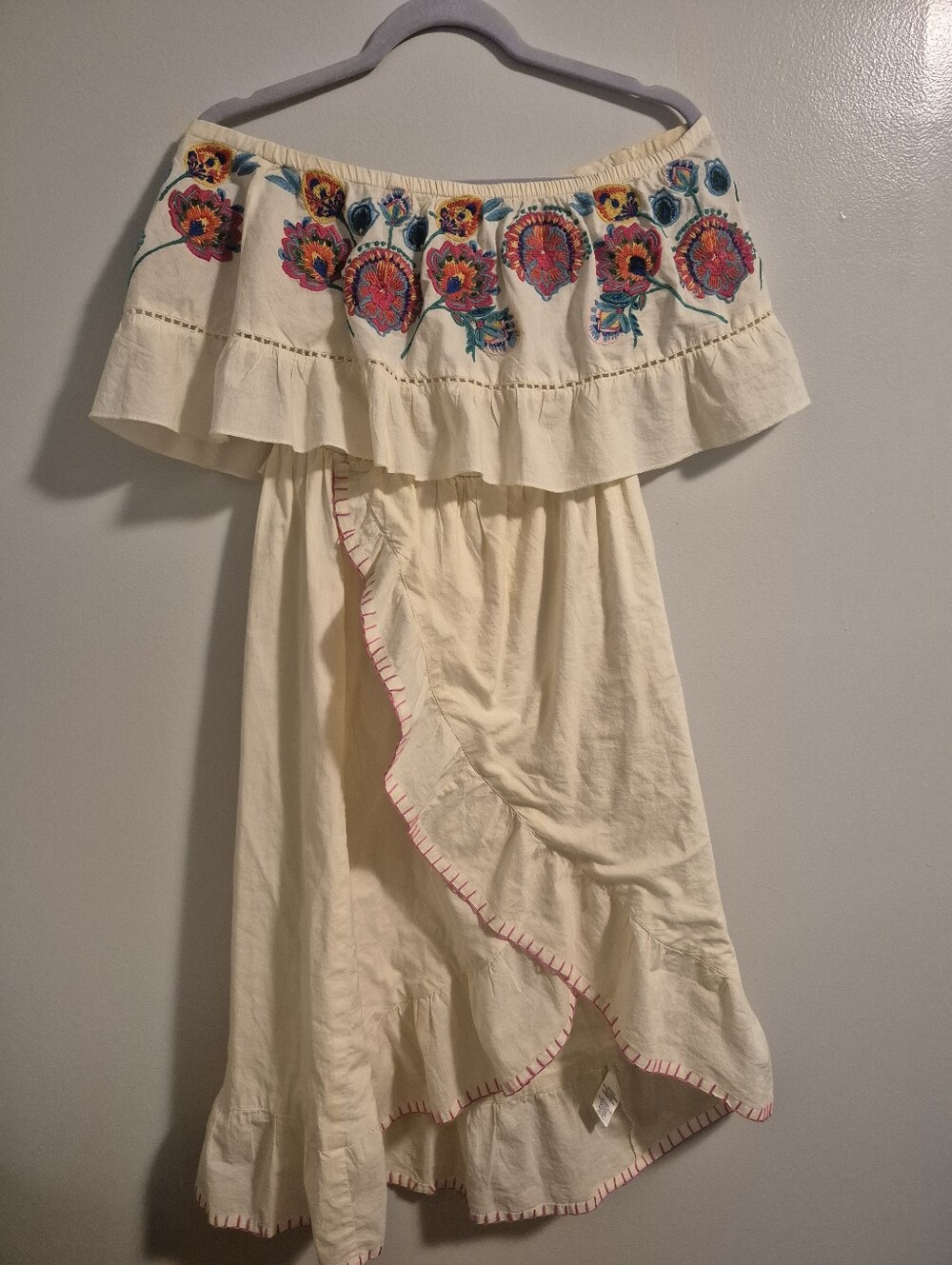 Altar'd State Cream Dress with Vibrant Floral Embroidery Sm Off Shoulder Lined